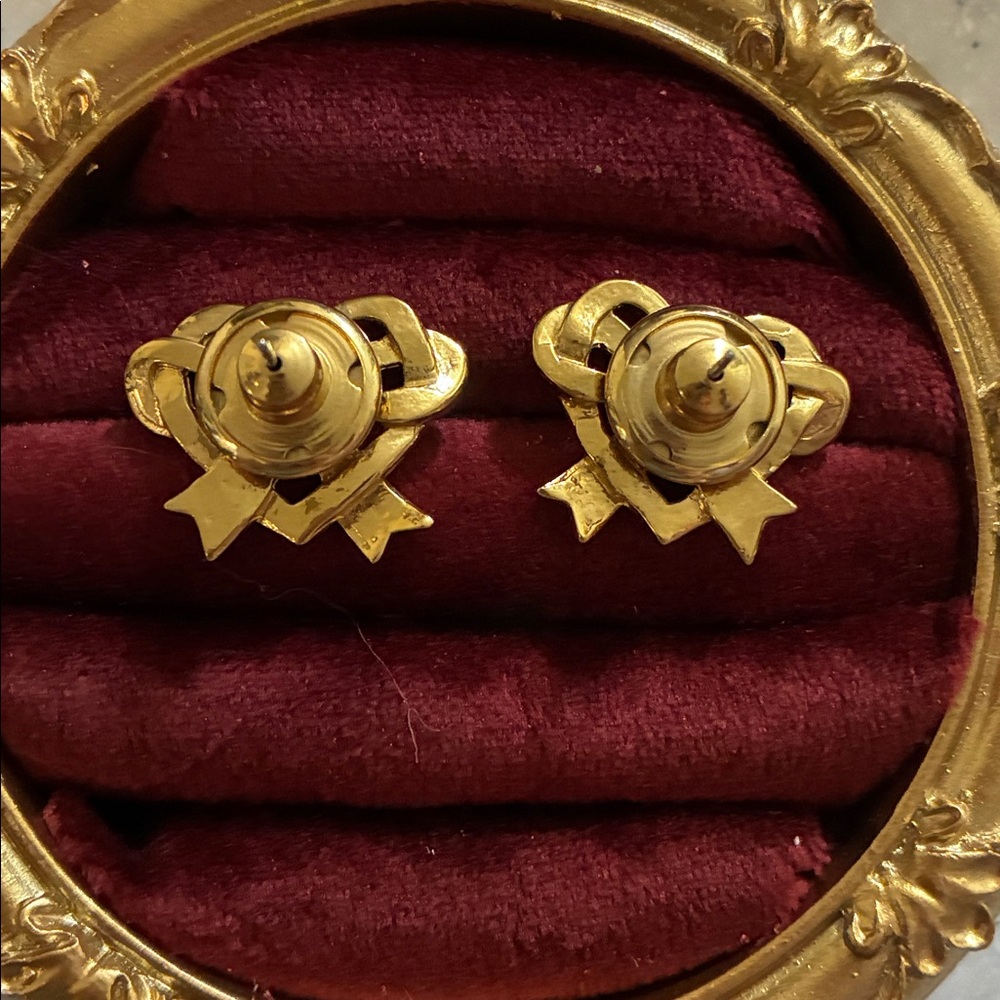 D’Orlan Gold Heart Bow Ruby Rhinestone Accented Earrings - Picture 4 of 5